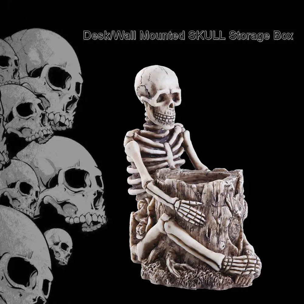 Skull Statue Pen Holder Desk Wall Mounted Resin Storage Box Home Office Desk Decor Gift Halloween Party Decoration Dropshipping