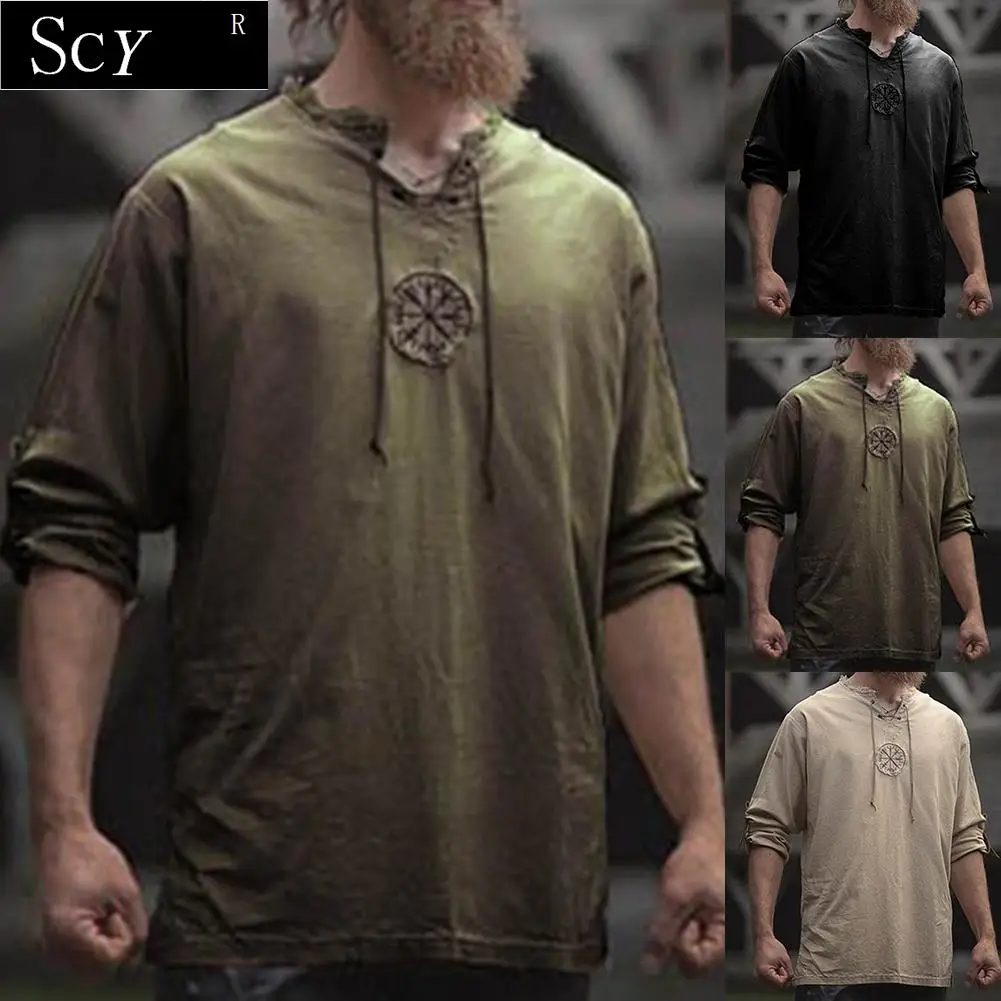 Men Plus Size Shirt Top Ancient Viking Embroidery Lace Up V Neck Long Sleeve Shirt Top For Men\'s Clothing