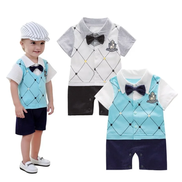 College Style Handsome Plaid Short Sleeves False Two Pieces Baby Boy's Jumpsuits/Baby Romper3243