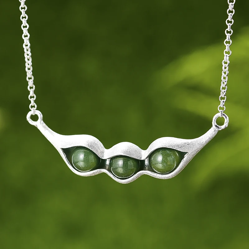 Lotus Fun Real 925 Sterling Silver Handmade Designer Fine Jewelry Natural Green Stones Pea Pods Design Necklace for Women