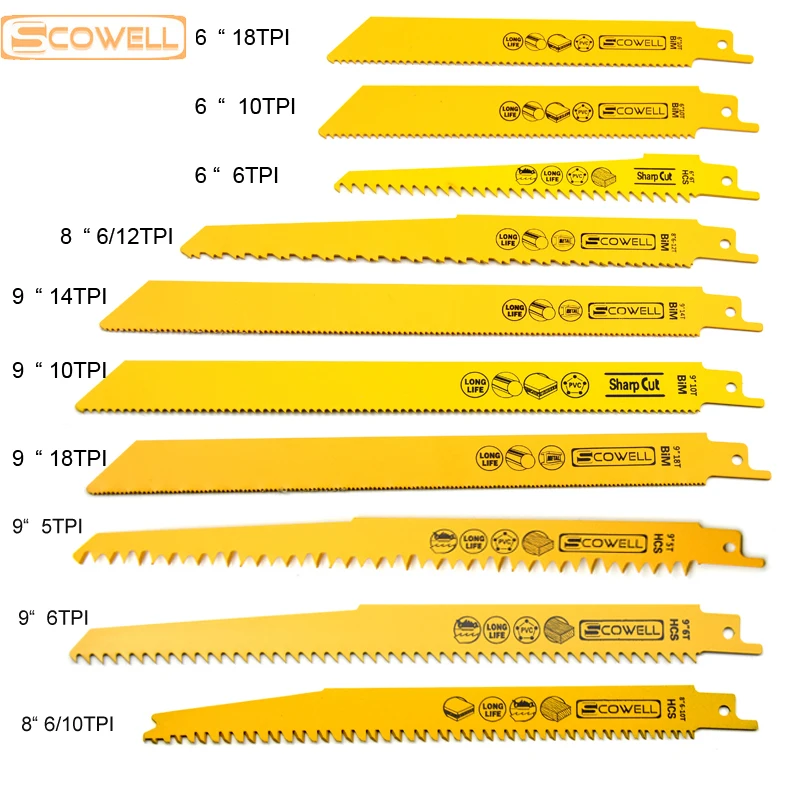 SCOWELL 5PCS Demolition Reciprocating Saw Blade Bi-Metal Cobalt Sabre Saw Blades For Wood & Metal 5TPI 6TPI 10TPI 18TPI