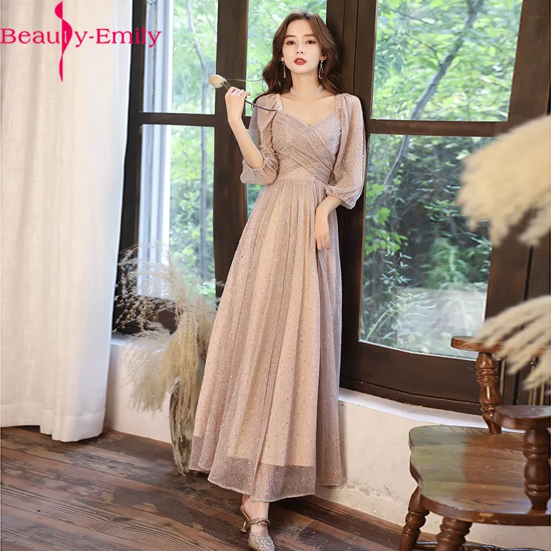 

2021 New Arrival Sexy V Neck Three Quarter Sleeve Evening Dress Charming Sequined Hollow Out Zipper Back Party Dress with Sashes