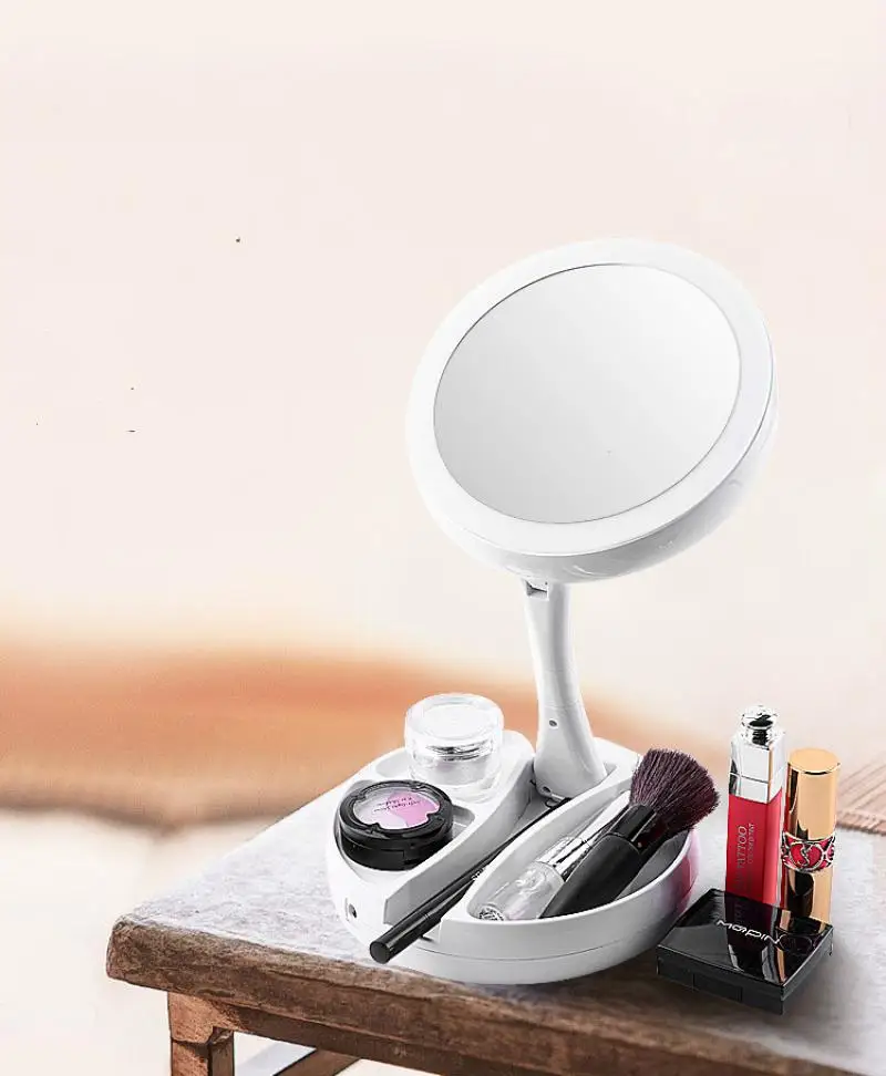 Folding Fill Light Portable Led Desktop with Light Storage Makeup Mirror Desktop Double-Sided Magnifying Glass