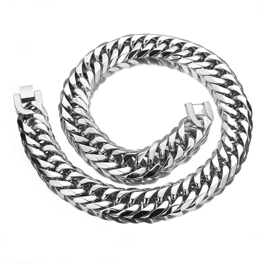 19/21MM Wide Silver Color Mens 316L Stainless Steel Curb Cuban Link Chains Men Necklace & Bracelet