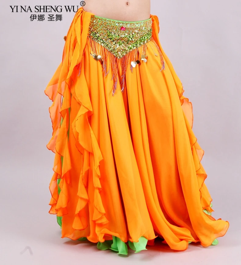 Women Belly Dance Costume Double Colors Long Maxi Side Split Skirt Full Circle Skirt Dance Performance Skirt Adult(Without Belt)