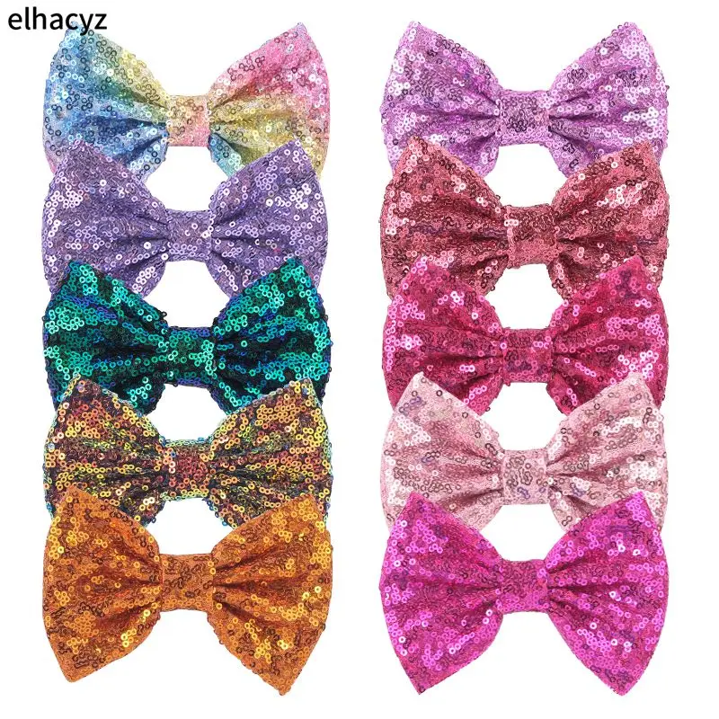 Lazo desordenado de lentejuelas grandes para niñas, accesorios para el cabello para niñas, sombreros de fiesta DIY, venta al por mayor, 75 colores, 5 ", 25 unidades por lote
