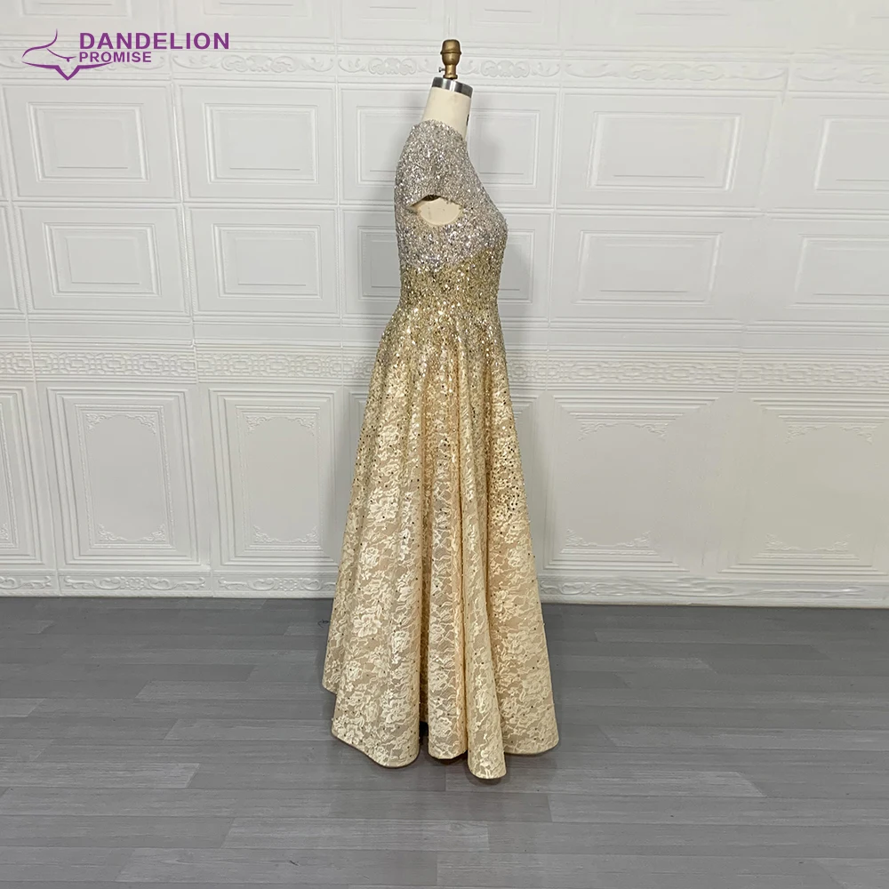 Luxury Gold Evening Dress  2020 High Neck Cap Sleeves  A-Line Lace Beads Handmade Prom Formal Party Gowns