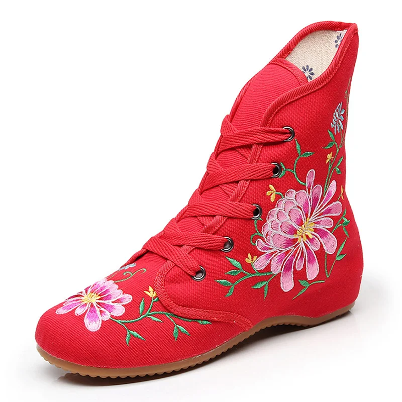 Veowalk Flower Embroidered Women Cotton Short Ankle Boots Ladies Comfortable Lace Up Canvas Booties Chinese Embroidery Shoes