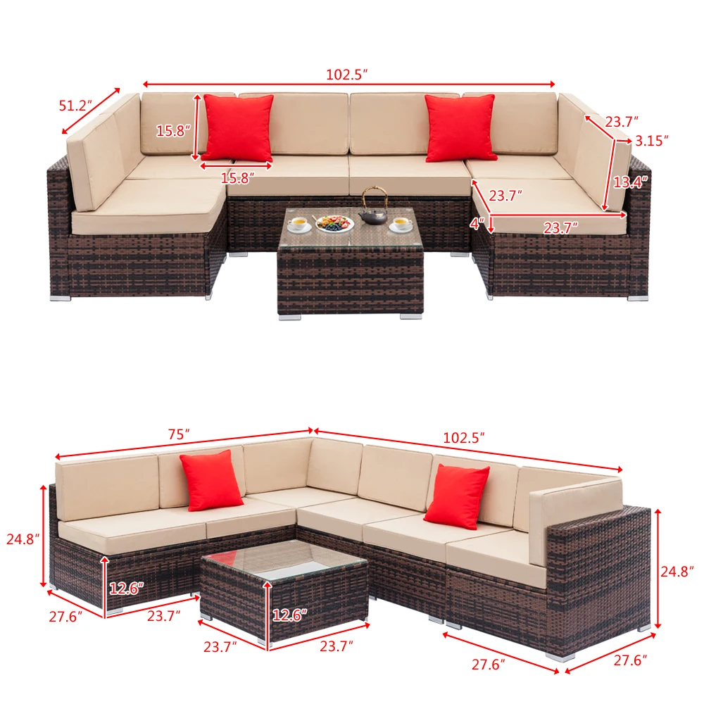 

Outdoor Furniture Set Fully Equipped Weaving Rattan Sofa Set with 2pcs Corner Sofas & 4pcs Single Sofas & 1 pcs Coffee Table