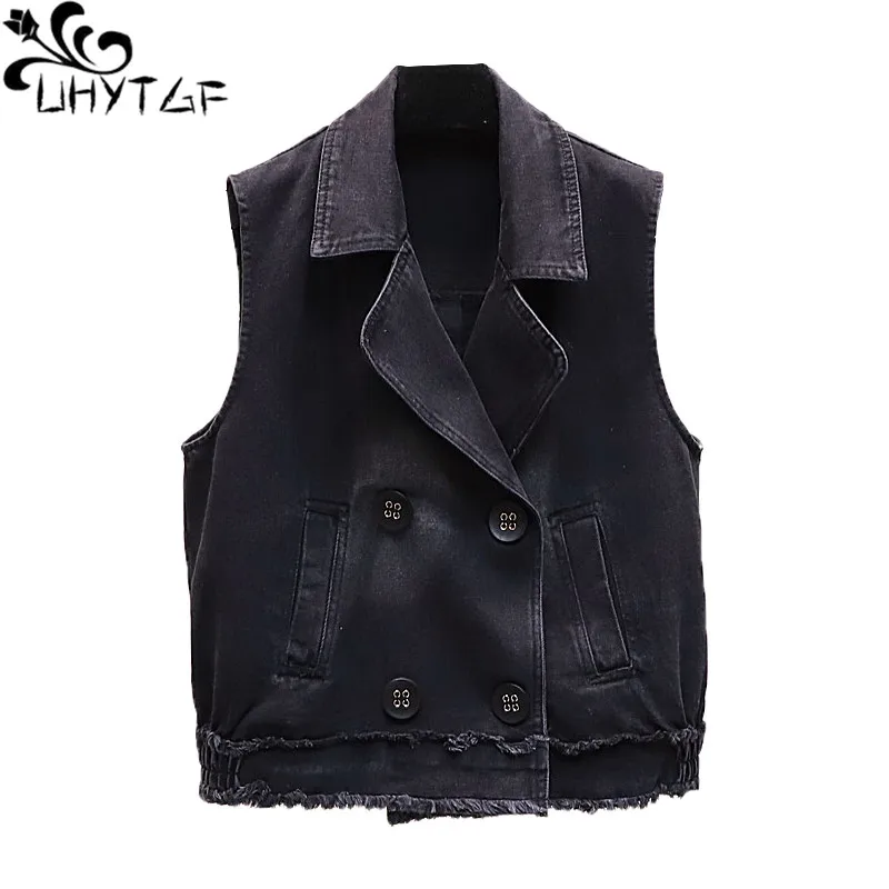 UHYTGF Khoác Jeans Áo Khoác Vest Nữ Tua Rua Thời Trang Tay Ngắn Áo Nữ Đôi Xuân Hè Denim Áo 1497