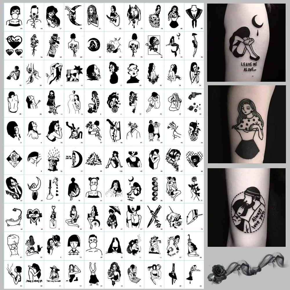 100pcs/Set No Repeat Dark Style Temporary Tattoo Waterproof Black Girl Pattern Body Art Stickers Disposable tatouage temporaire