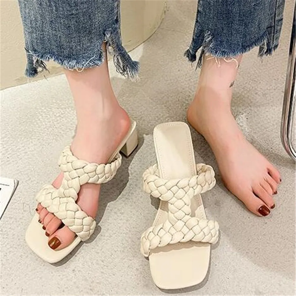 Thick High Heel Square Toe Slippers Outdoor Wear Temperament Cool Drag Weaving 2024 Summer New Comfortable Sweet Beauty Shoes