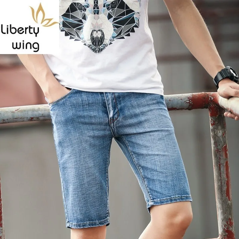 

Plus Size Mens Shorts Summer Korean Fashion Men Classic Straight Slim Fit Knee-length Trousers Casual Stretchy Denim Short