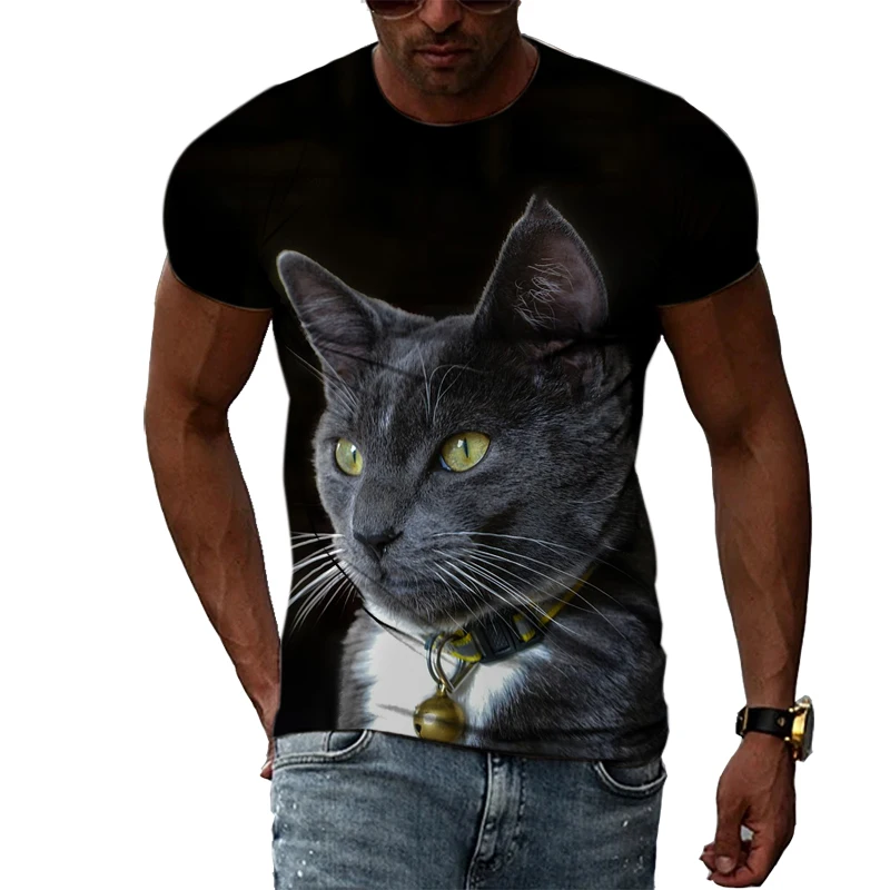 Fashion Personality Cool Style Cat graphic t shirts For Men Summer Animal Pattern 3D Print Black T-shirt O-neck Comfortable Top