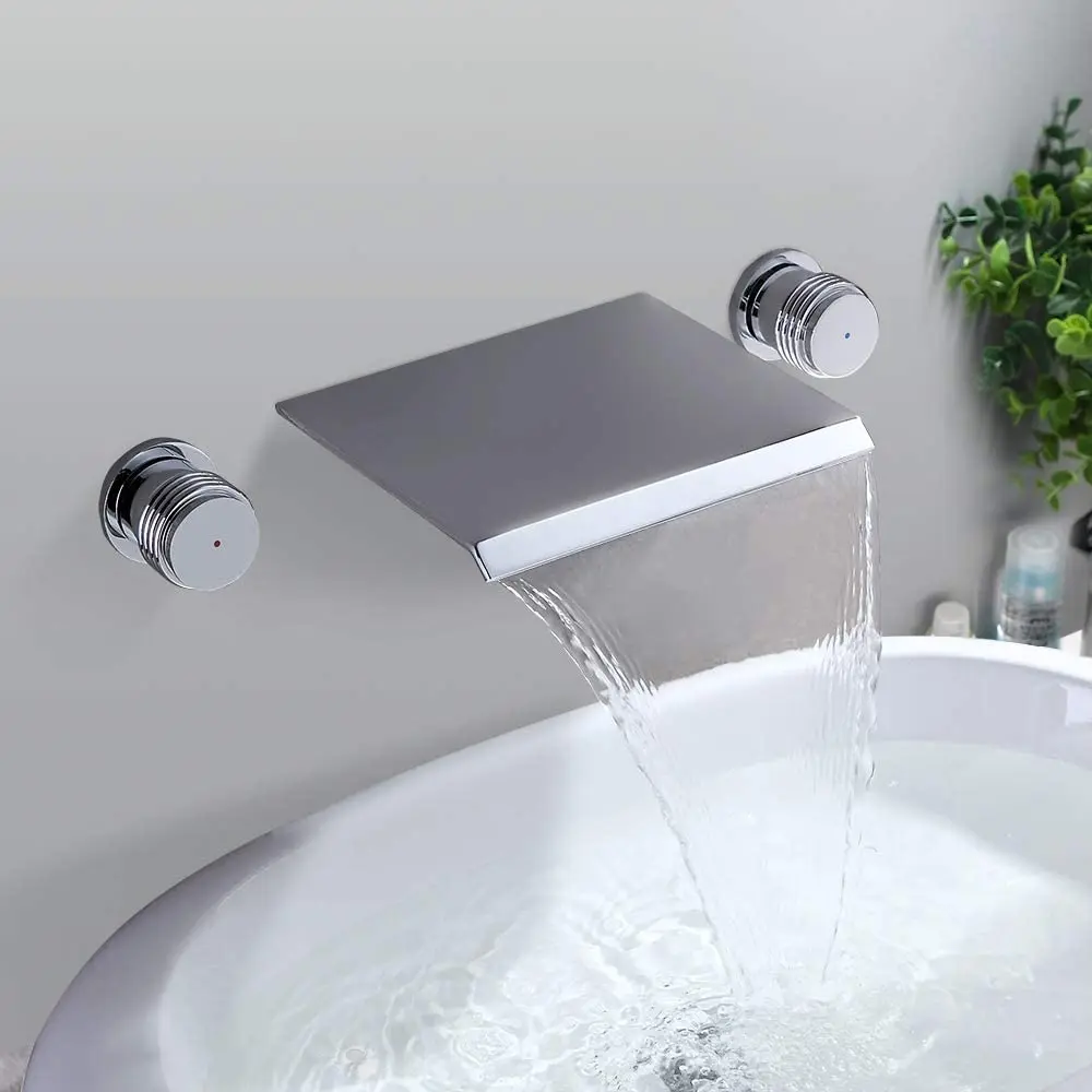 

High Quality Brass Waterfall Wall Mounted Basin mixer Faucet Bathtub shower faucet with 2 Handles Cold Hot Water Tap,Chrome