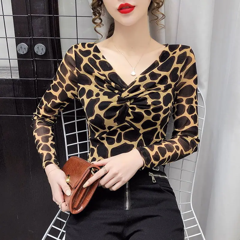 

Women Vivid Leopard Print Blouses Mesh V Neck Shirt Long Sleeve Twist Front Design Top Slim Semi Sheer Feminine Pullover Blouse