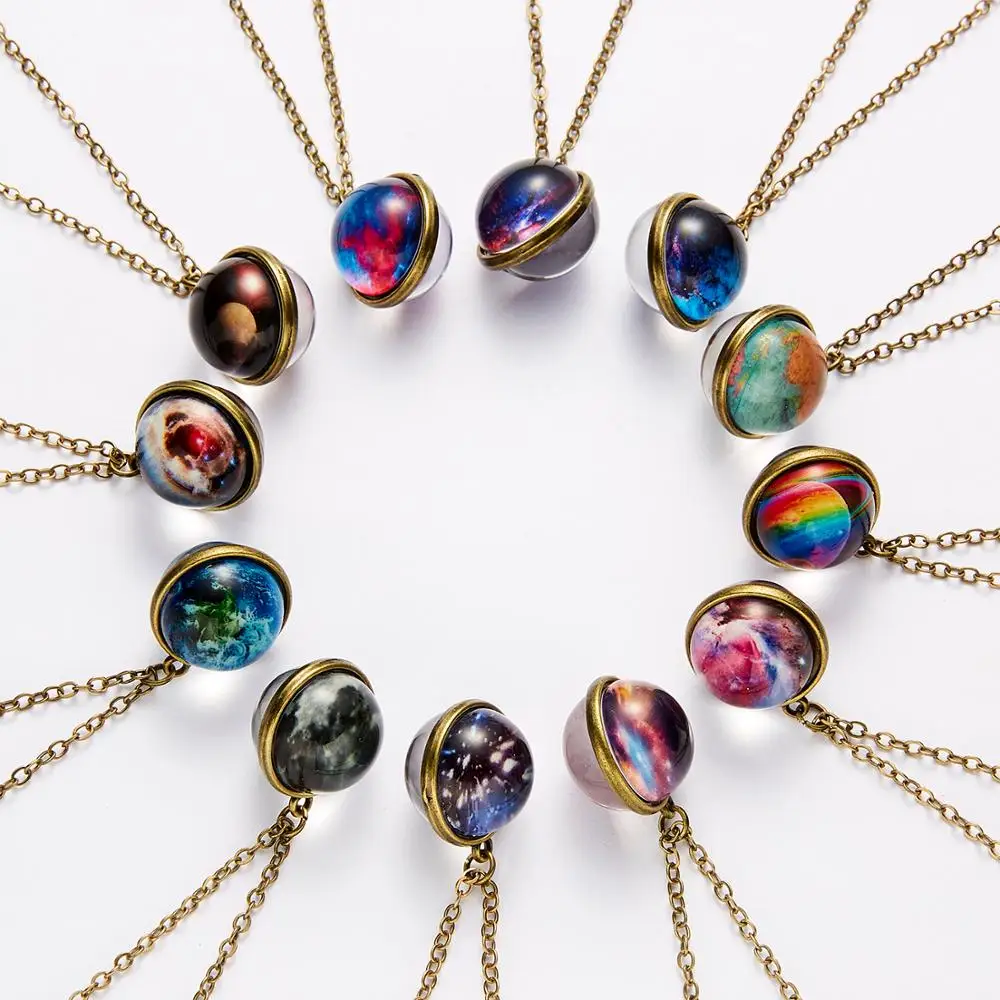 12 Color Galaxy Double Sided Pendant Necklace Glow in the Dark Glass Ball Art Picture Universe Planet Jewelry Gift for Women Men