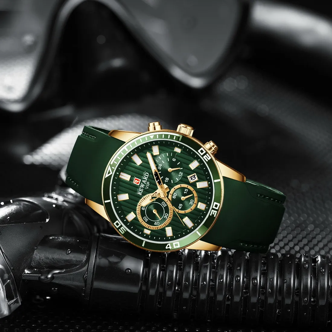 REWARD Army Green Quartz Clock Luxury Chronograph 3 Sub-dia Watch 2021 Military Auto Date Silicone Strap Watches for Men