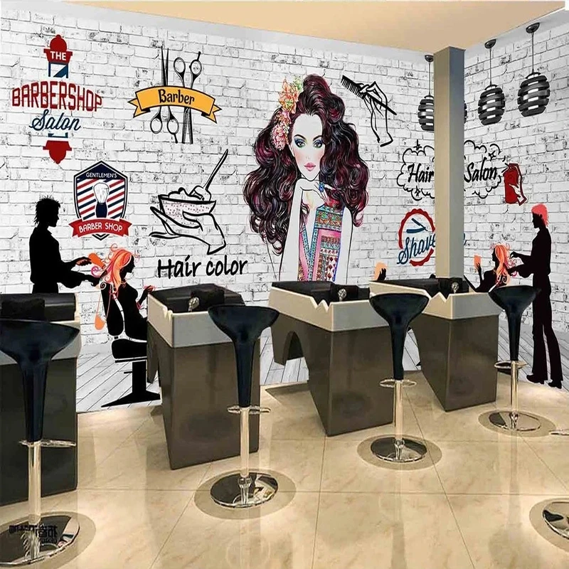 

Cartoon Barber Shop European American Industrial Style Cement Murals Wall Cloth Backdrop Wall Decor Waterproof Wall Paper For 3D