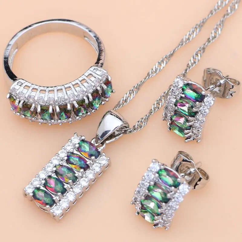 

Mystic Rainbow Fire Zircon Women 925 Sterling Silver Jewelry Set Wedding Earrings/Pendant/Necklace/Rings Free Gifts Box