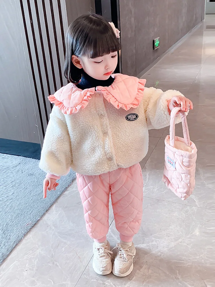 Sweet Girls Winter Clothes Set Thick Warm Double-sided Velvet Jacket+Pants 2Piece-Suits Fashion Children Princess Snowsuit