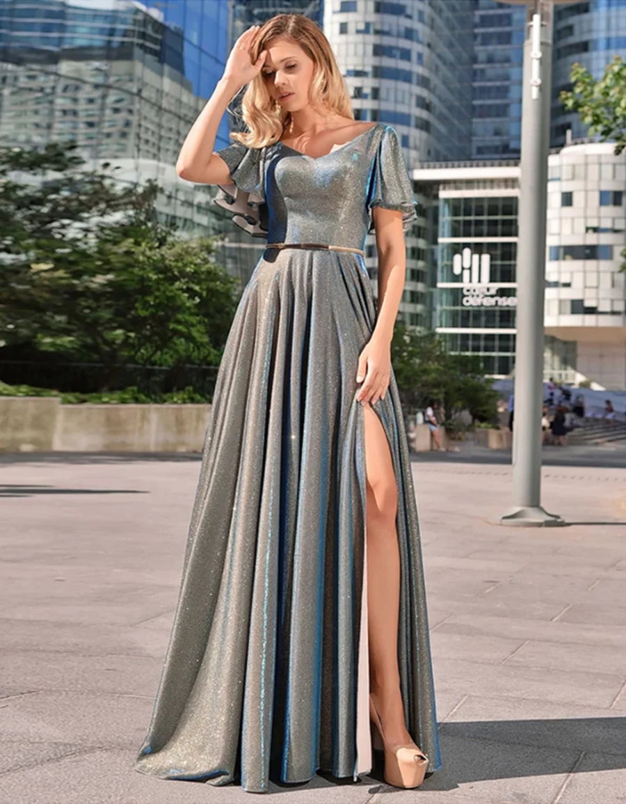 Sexy Ladies Open Back Side Slit Floor-Length Short Sleeve Strapless Sashes Button Evening Dresses robe de soirée femme vestidos