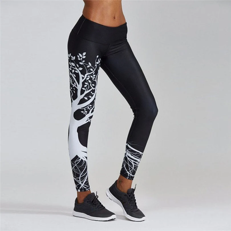 Women's Sports Running Leggings High Waist Ninth Pants Elastic Fitness Yoga Pants Summer White Printed Leggings