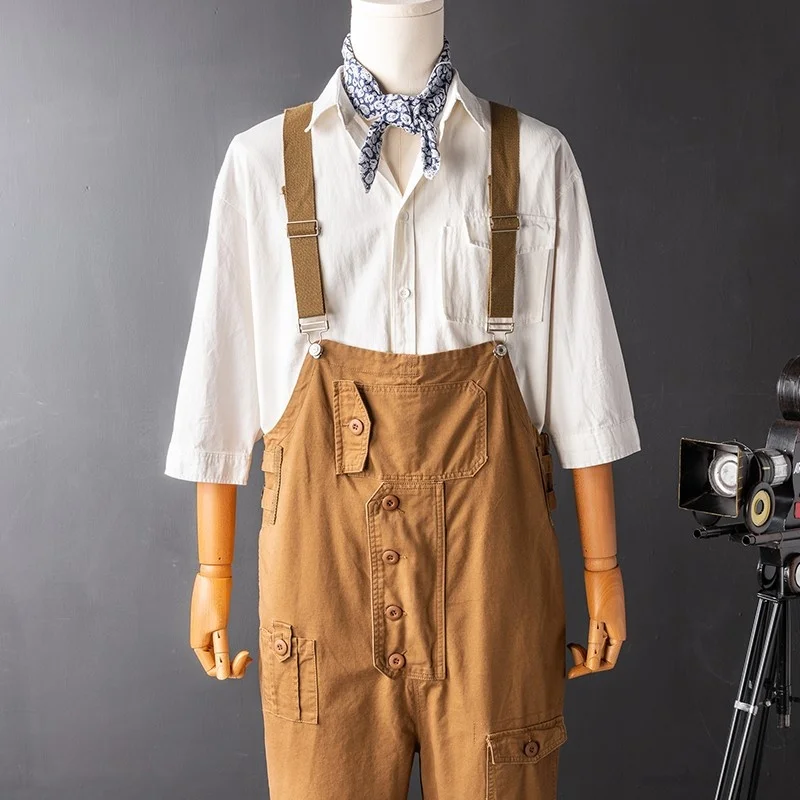 Style Safari Mens Rompers Vintage High Waist Straight Pants Loose Fit Casual Overalls Mens Straps Jumpsuits Harajuku Trousers