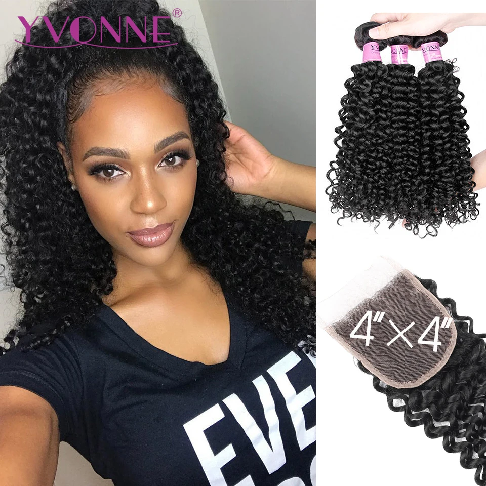 Yvonne 3C 4A Malaysian Curly Hair Bundles With Closure 3 Bundles Virgin Human Hair With Free Part Lace Closure 4x4