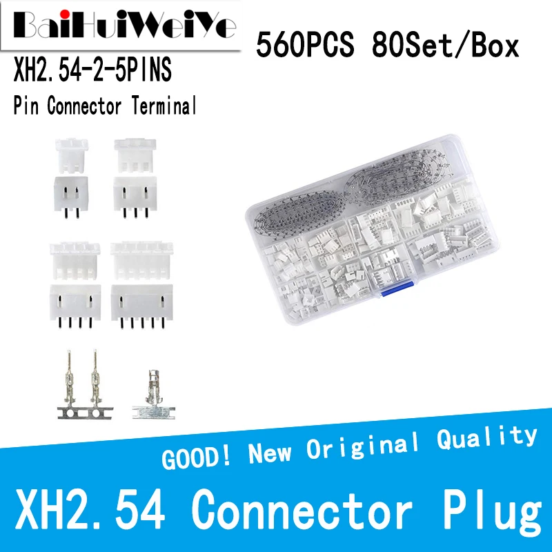 

80 наборов/коробка, 560 шт., набор прямых игольчатых наконечников XH2.54 ММ, штекер/гнездо провода, перемычка, головка, адаптер, штекер 2P-5Pin