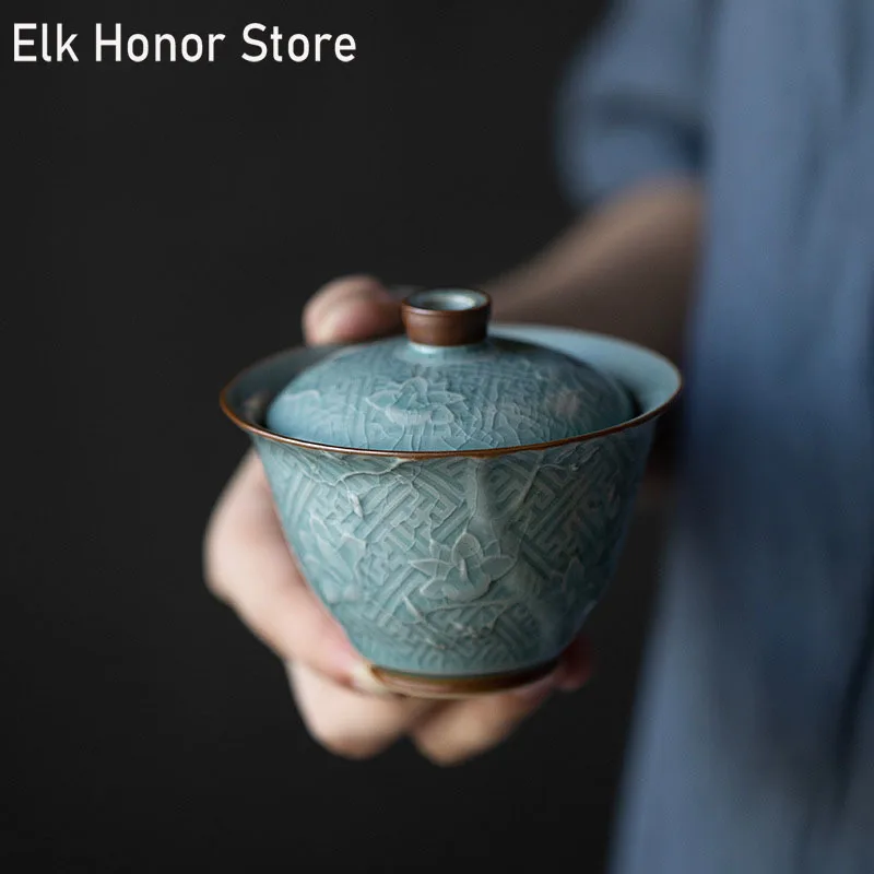 

110ml Retro Ge Kiln Ceramic Tea Tureen Handmade Relief Flower Art Gracked Glaze Tea Maker Gaiwan Household Kung Fu Tea Ceremony