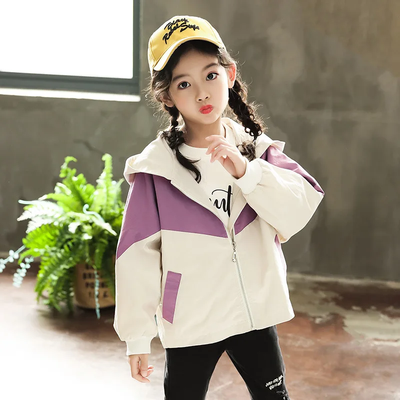 

Foreign Trade Girls Color Blocking Casual Jacket Spring Autumn Kids Hooded Trench Coat Children's Loose Outerwear Clothes P175