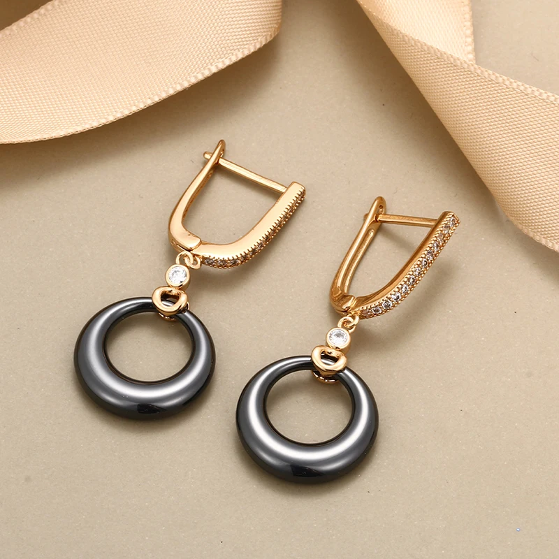 585 Rose Gold Circle Hoop Drop Earrings Crystal Wedding Jewelry With Black White Round Ceramic For Women Hanging Dangle Earrings