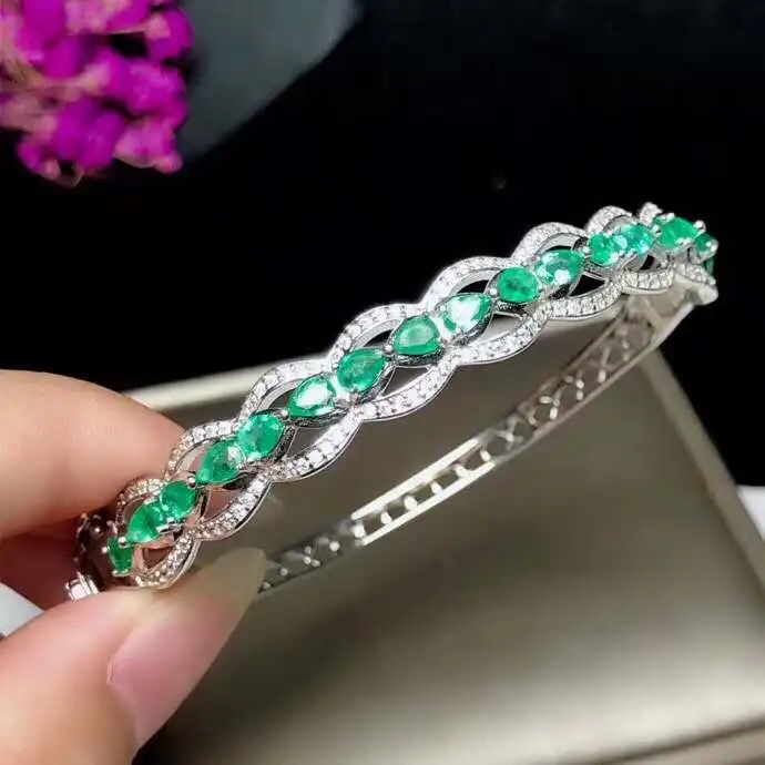 Natural And Real Emerald bangle Bracelet Solid S925 Sterling Silver For Women Color GemFine Jewelry