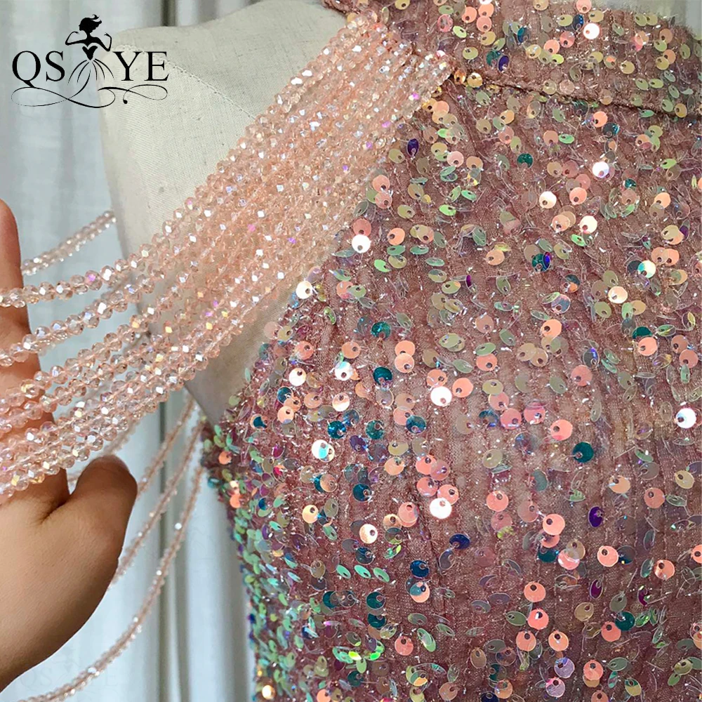 QSYYE Brown Short Prom Dresses Sparkle Sequin Beading Straps/Sleeves Girl Prom Gown Sheath Short Evening Shiny Dress Casual