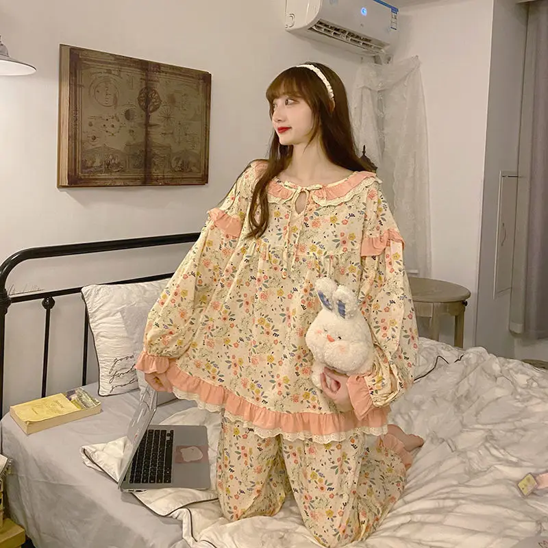 Pajama Sets Women Floral Tender Vintage Full Length Sweet Homewear Ins Girlish Korean Style Casual Fashion All-match Lovely New