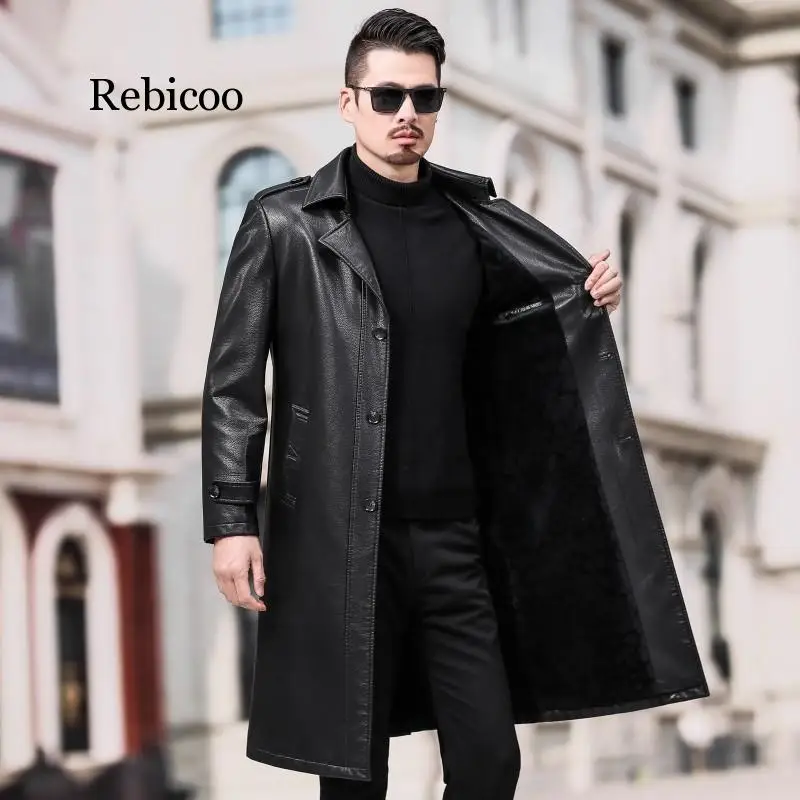 

New Autumn&Winter Clothes Thickened Long Man Overcoat Long To Knee Coats Tide Men's Leather Trench Coat