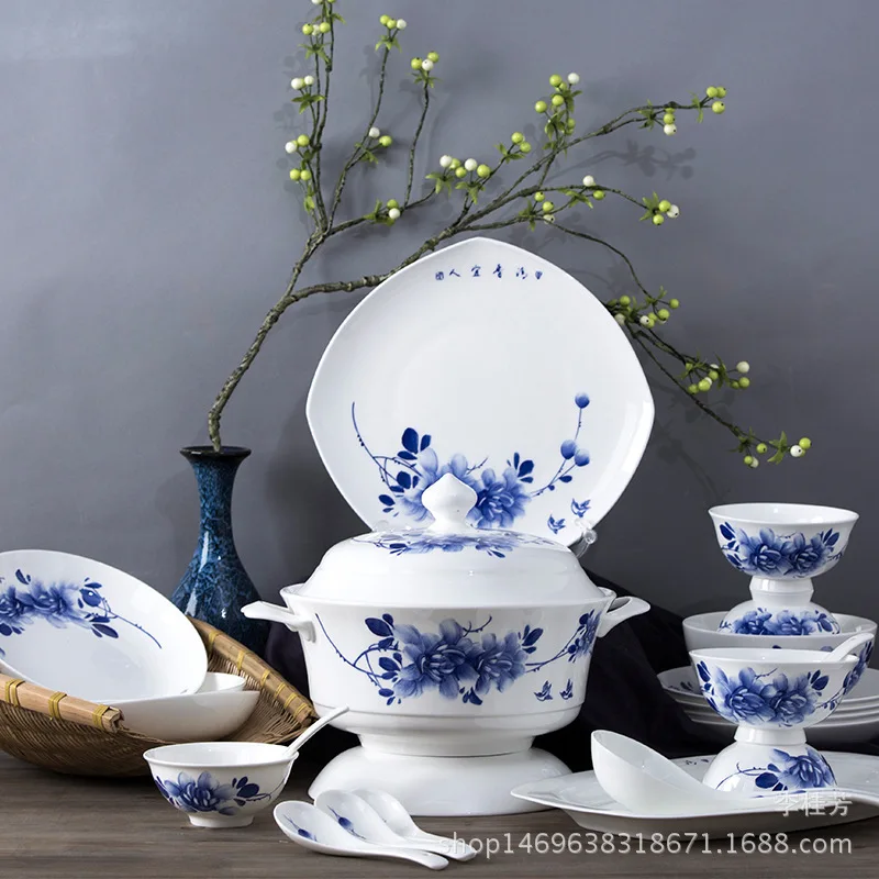 Jingdezhen 58 pieces of hand-painted peony bone china tableware set pure hand-painted Chinese ceramic tableware gift