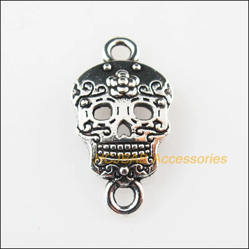 18 New Flower Skull Charms Tibetan Silver Connectors Pendants DIY 12.5x23mm