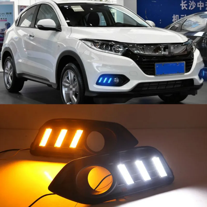 2PCS LED Daytime Running Light 12V Car DRL Fog Lamp Decoration For Honda HRV HR-V Vezel 2018 2019 Yellow Turn Signal Function