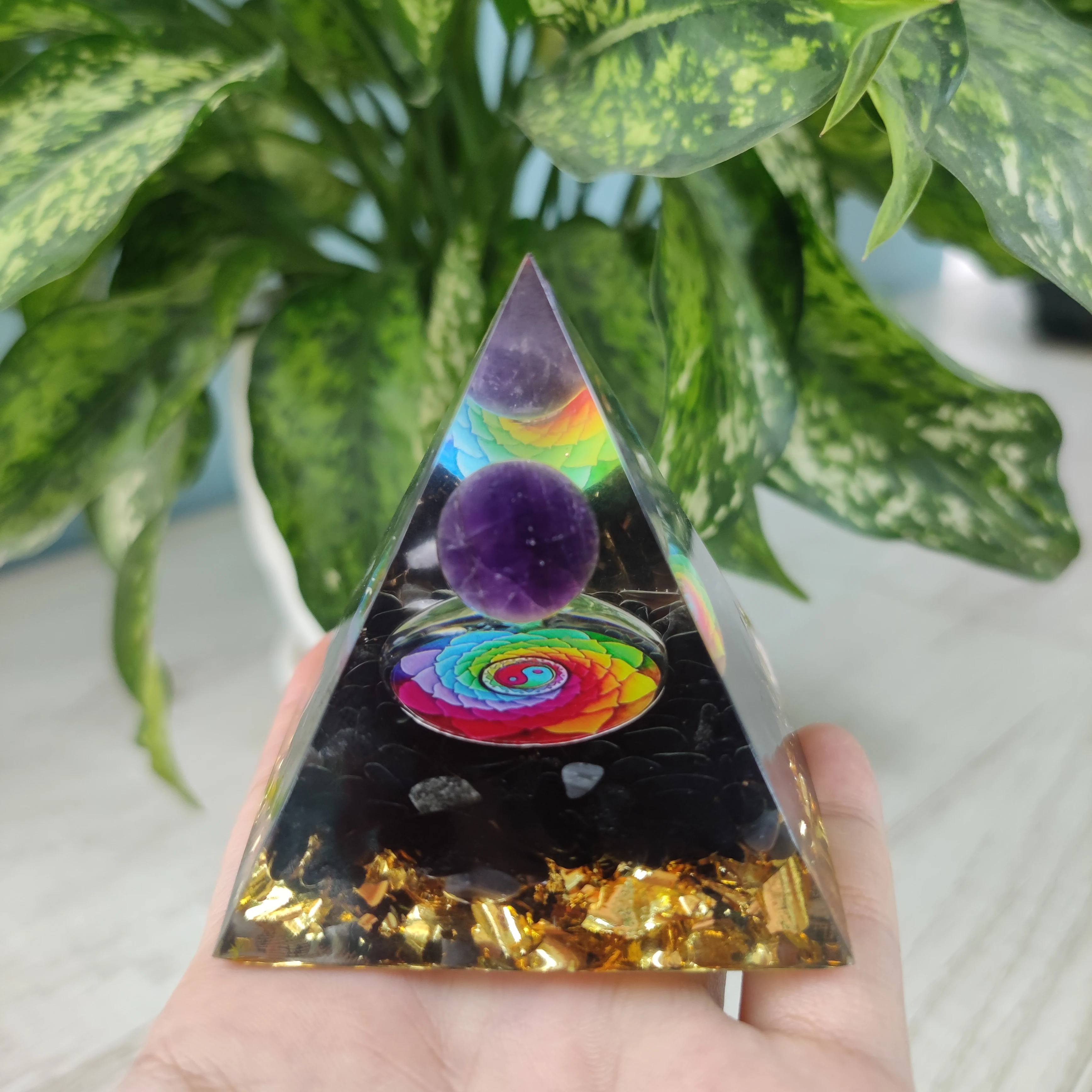 Handmade Natural Gemstone Crystal Sphere Orgone Pyramid with gemstone Gear Stunning Energy Healing Chakra Reiki Orgonite Pyramid