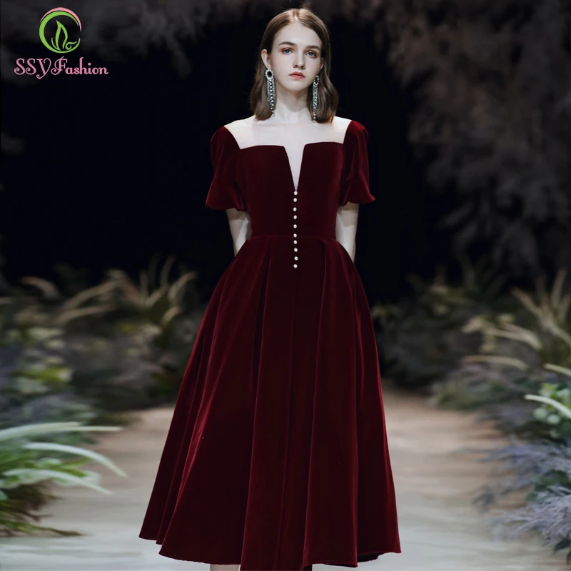 

SSYFashion New Wine Red Velour Evening Dress Banquet Elegant Vintage Tea-length Short Sleeve Party Formal Gowns Vestido De Noche