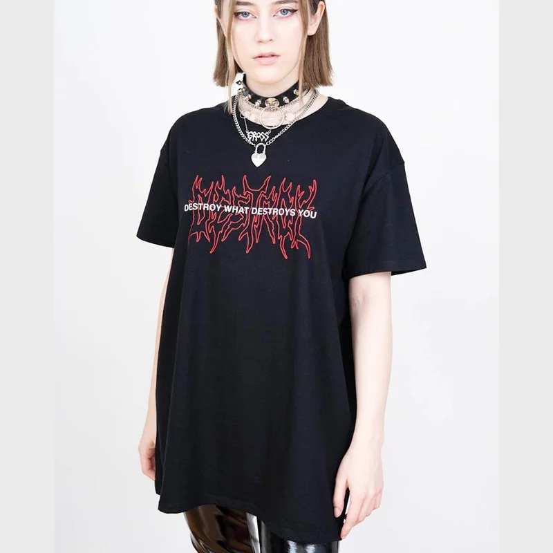 seaport YF Destroy What Destroys You Print Streetwear Vintage Chic Tumblr Gothic Punk Tops Harajuku Casual Vintage Women Tee