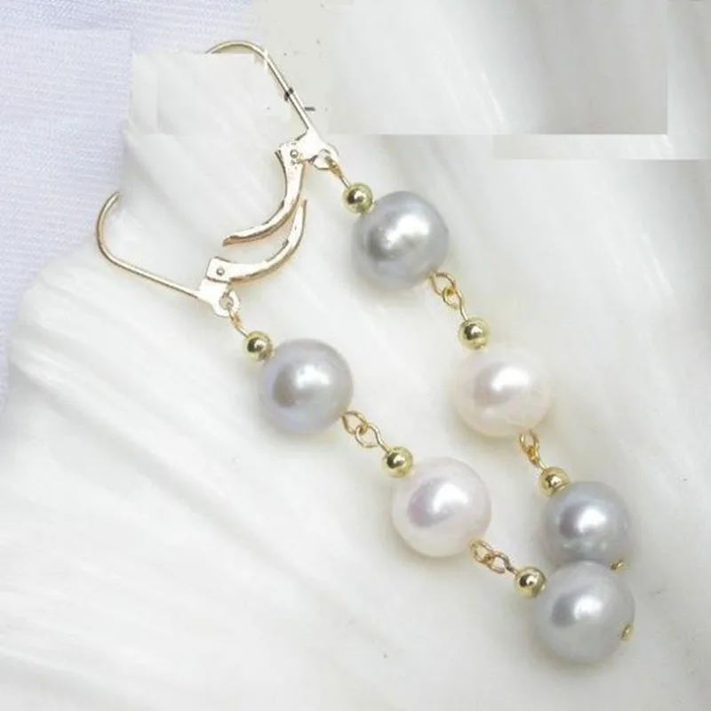 Free shipping Charming AAA ++genuine Natural South Sea White Gray Pearl Earrings Gold 925silver