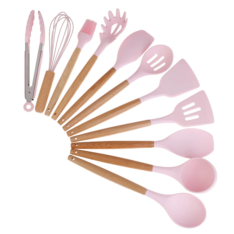 

Silicone Cooking Utensils Set Non-stick Spatula Shovel Wooden Handle Cooking Tools Set With Storage Box Kitchen Tools