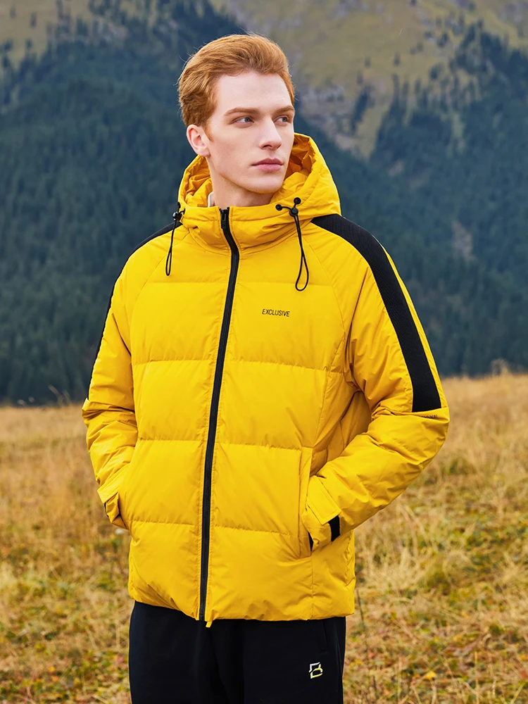 Pioneer camping jaqueta masculina curta de inverno com capuz, zíper preto, amarelo, casual, grossa 100% poliéster