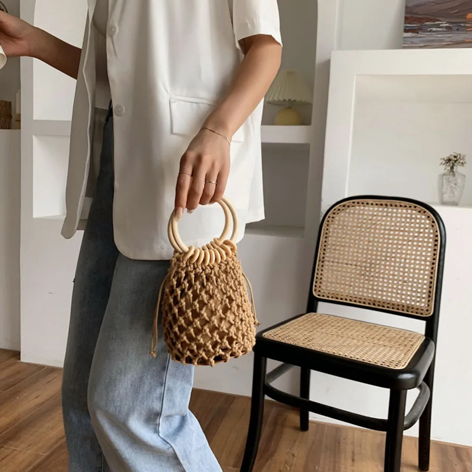 Woven Bucket Straw Bag Women Hollow Wooded Handle Draw String Summer Knitting Small Beach Handbag Lady Purse Shoulder Bag Praia