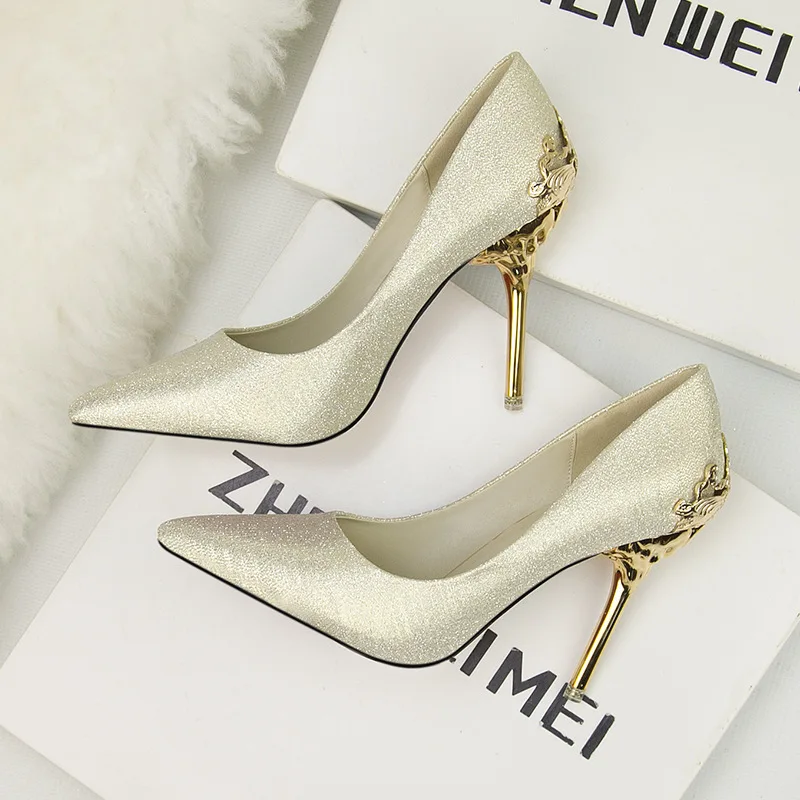 New Carved Metal Heels Wedding Elegant Women Pumps Red Gold Solid Flock/PU Shallow Pointy Toe Dress High Heel Shoes Woman Autumn