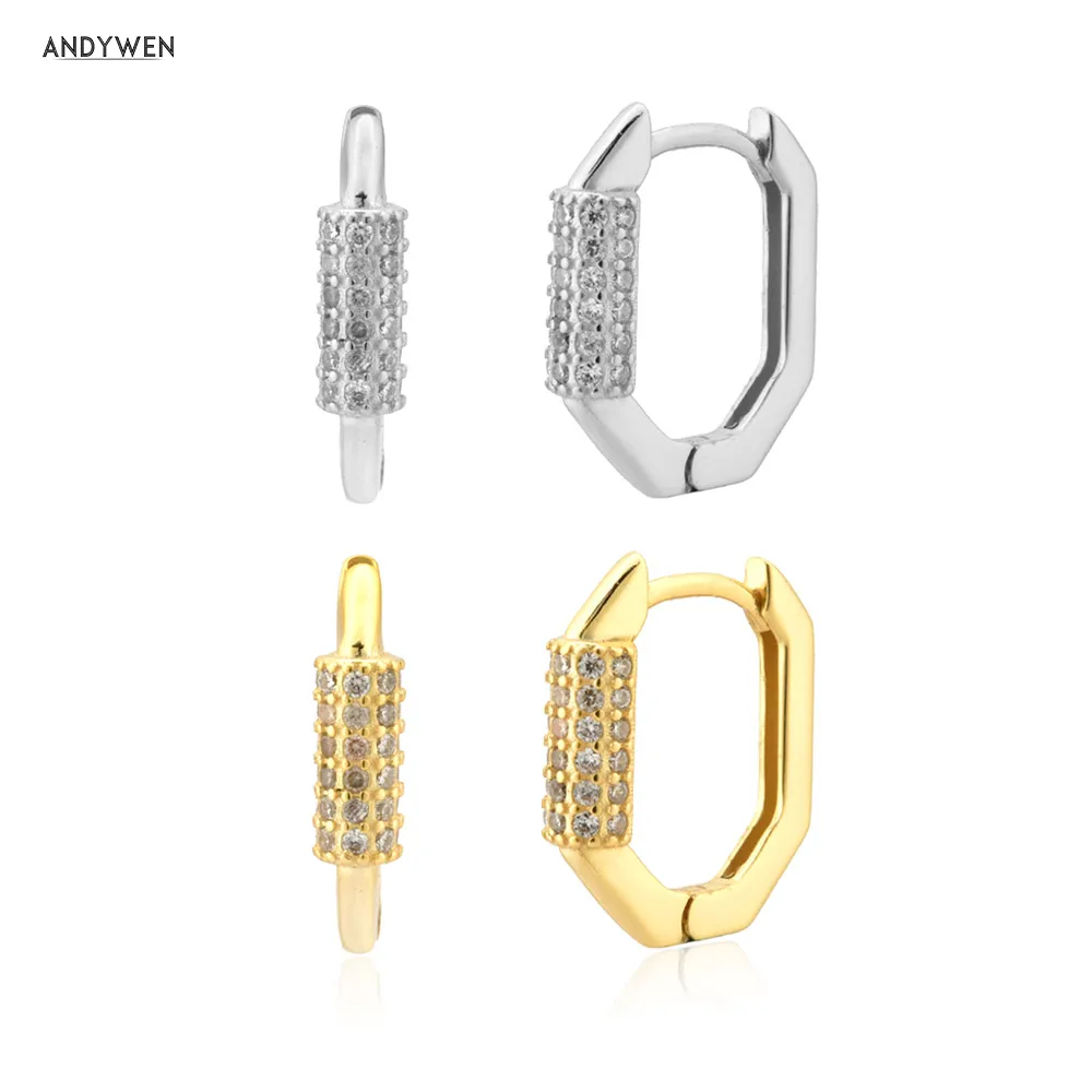 ANDYWEN 925 Sterling Silver Gold 8.5mm Zircon Pave Hoops Earring Circle Geometric Oval Loops Piercing Pendiente Jewels