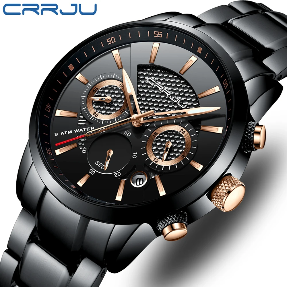 CRRJU Man WristWatch Waterproof Chronograph Men Watch Military Top Brand Luxury Gold New Stainless Steel Sport Male Clock 2212